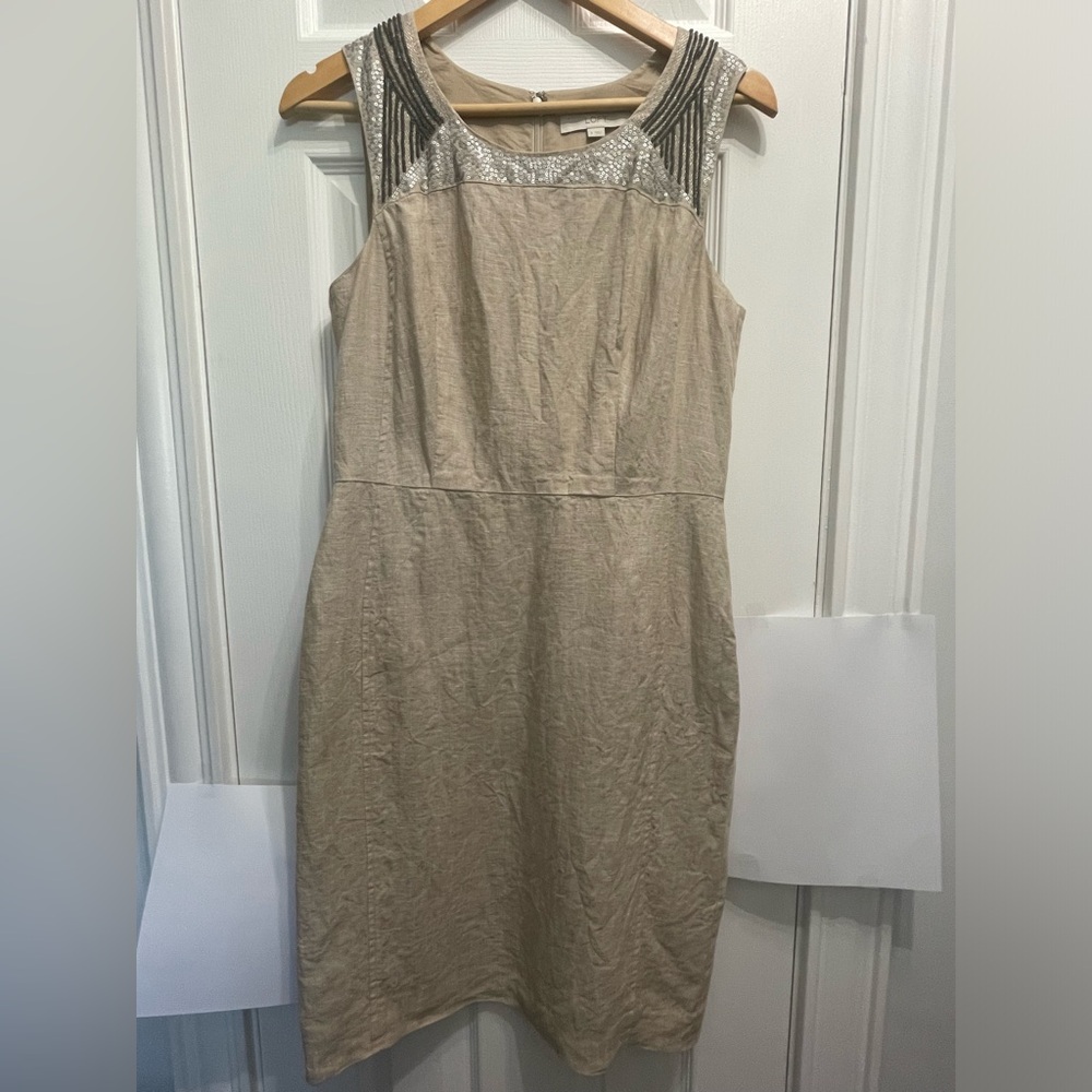 Loft Womens Size 8 Sheath Dress 100% LINEN Beading Sequins Beige Tan Neutral